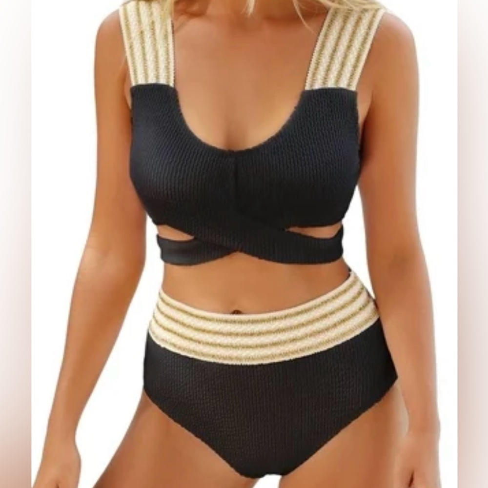 Cupshe Metallic Striped Wrap Bralette & High Waist Bikini. Size M/L.